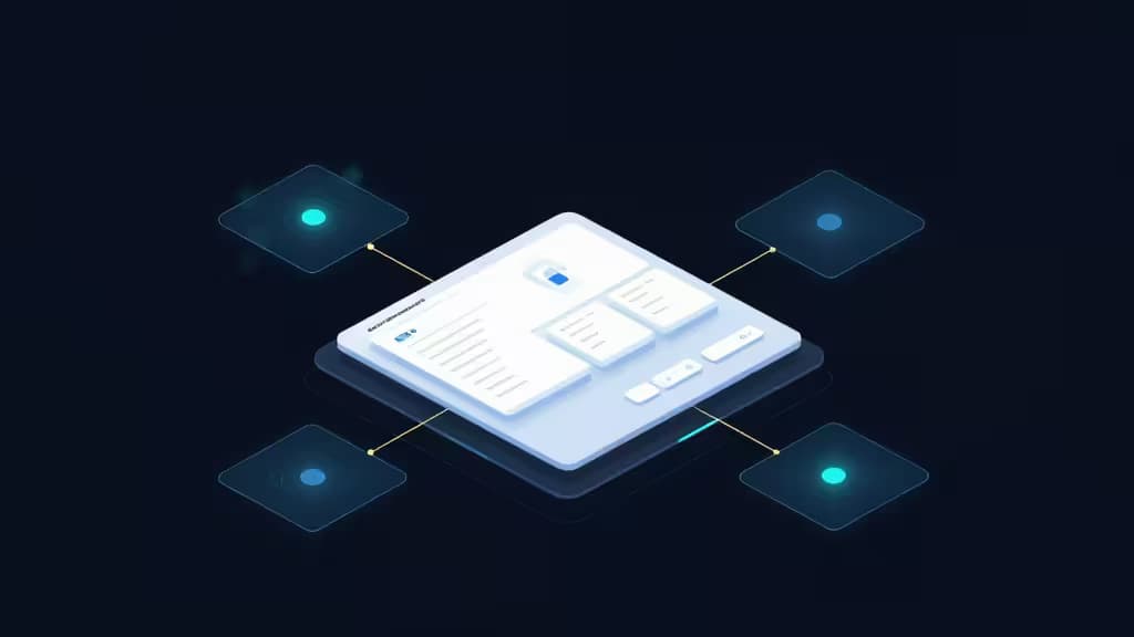 Glowing blue microservice nodes connect via golden lines to a central white dashboard hub on a dark background.