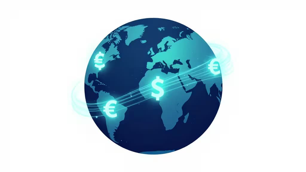 通貨記号とデータストリームで大陸間をつなぐ地球の抽象的なイラスト。深い青とティールの配色。