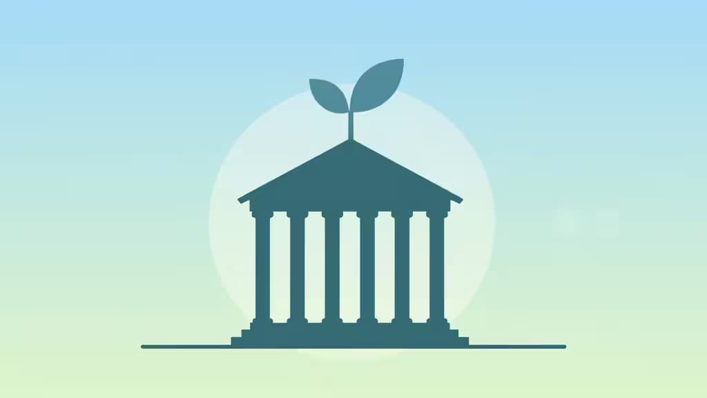 Edifício bancário em tons de verde-azulado com uma planta a brotar no telhado, simbolizando o crescimento de organizações sem fins lucrativos e finanças sustentáveis.