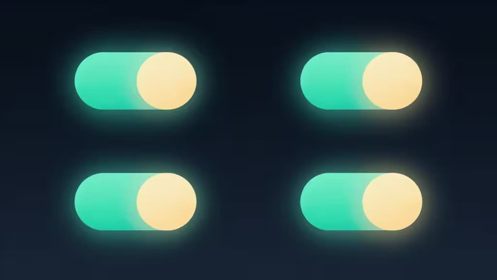 Vier gloeiende turquoise schakelaars met gele knoppen gerangschikt in een raster op een donkere achtergrond.