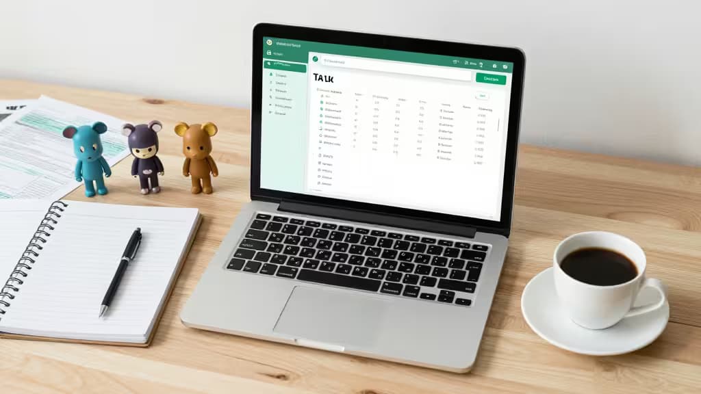 Un bureau moderne avec un ordinateur portable affichant un tableau de bord fiscal crypto, un carnet, une tasse de café et des figurines NFT, dans une ambiance professionnelle aux tons verts et blancs.