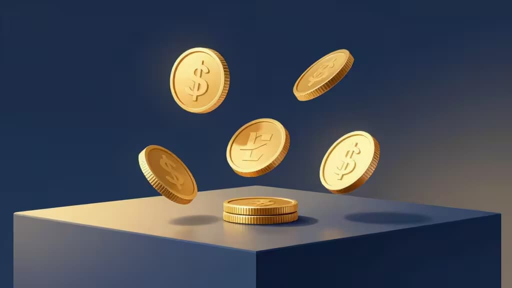 Goldene Münzen schweben über einer ruhigen geometrischen Fläche – abstrakte Darstellung von Stablecoins und passivem DeFi-Einkommen