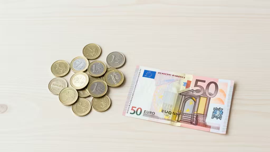 Euro-Münzen und ein 50-Euro-Schein auf heller Holzoberfläche, symbolisieren kleine Schulden und Umschuldung.