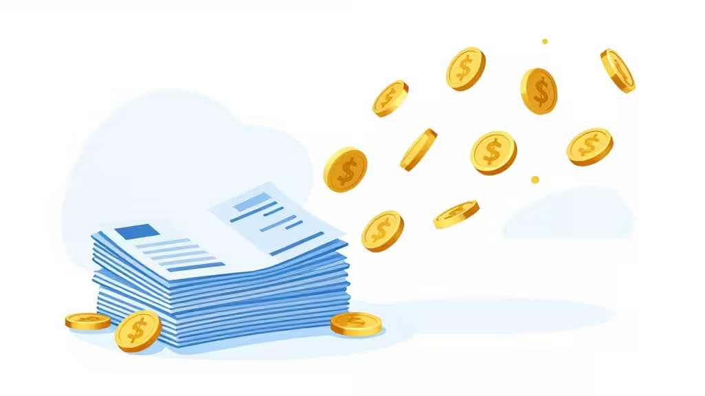 Abstracte illustratie van bedrijfsfacturen die transformeren in geldstroom, in een minimalistische fintech-stijl met blauwe en gouden tinten