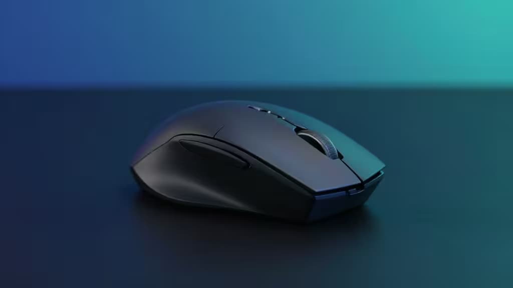 A sleek black ergonomic gaming mouse rests on a dark surface, illuminated by cool blue and teal lighting.