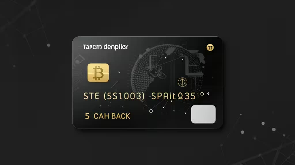 Black crypto card with gold Bitcoin logo, staking text, and cashback details on dark background.