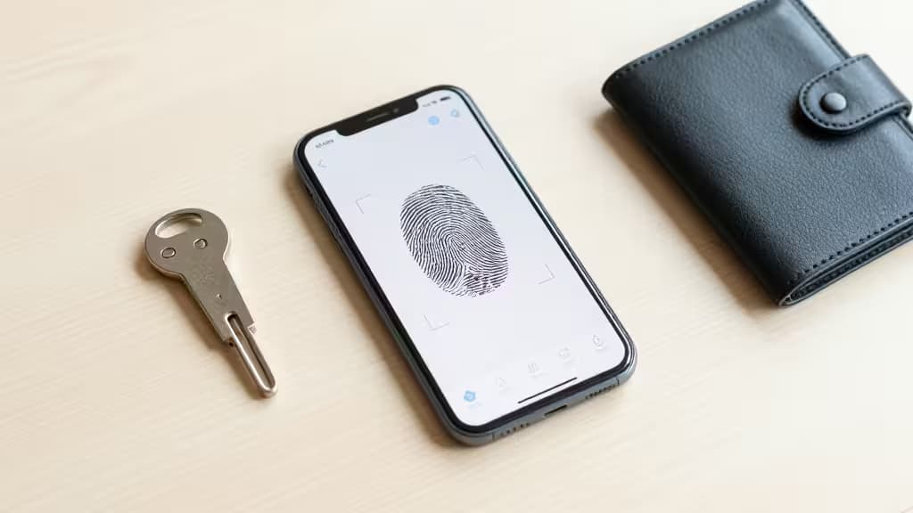 Smartphone zeigt Fingerabdruck-Scan neben Sicherheitsschlüssel und schwarzer Geldbörse auf hellem Holztisch.