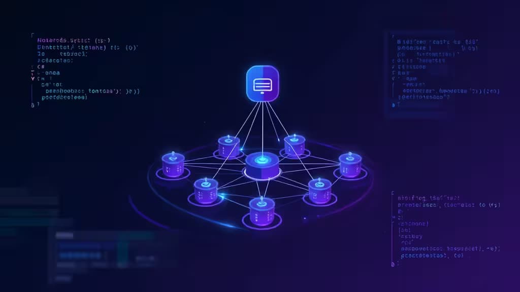 Glühende violette Knoten in einem Netzwerk, umgeben von Python-Code-Snippets auf dunklem Hintergrund