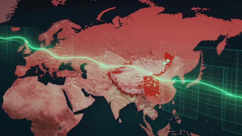 Glowing green data streams pierce red-censored Eurasia, symbolizing VPNs bypassing China's Great Firewall.