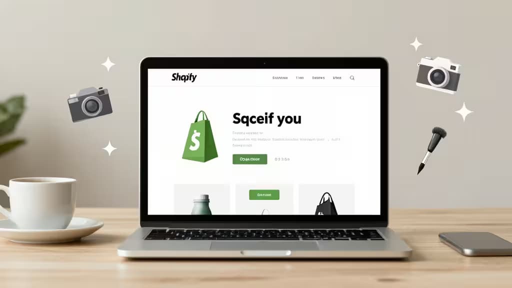 Laptop displays Shopify dashboard with floating camera, brush, and shopping bag icons on wooden desk.