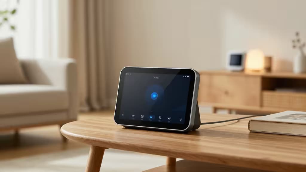 Google Nest Hub Max on wooden coffee table in warm, sunlit living room.