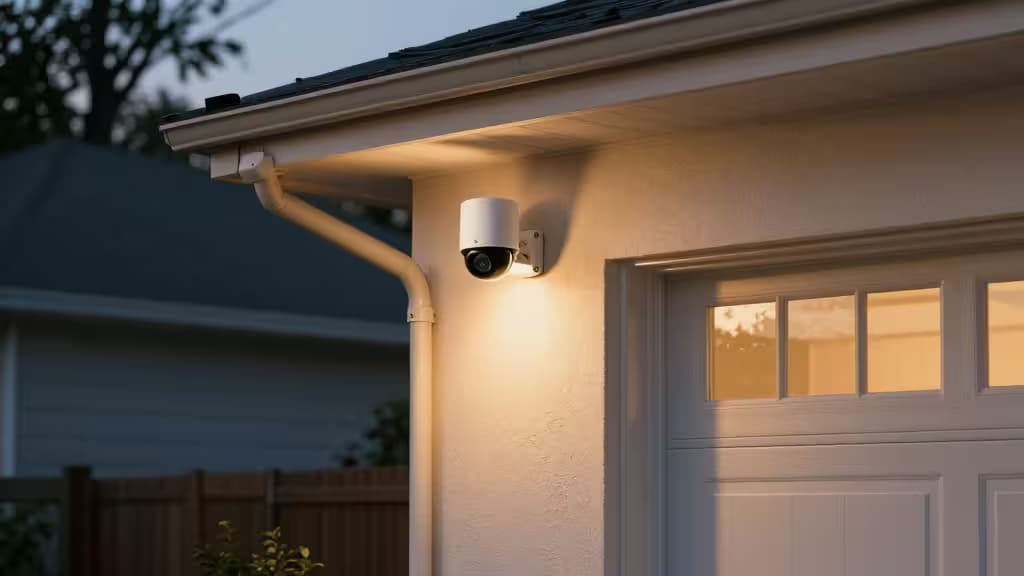 Câmara de segurança sem fios montada na parede exterior de uma garagem, iluminada por luz quente ao crepúsculo.