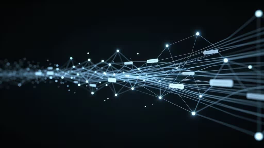 Glowing blue data streams flow through interconnected nodes against a dark background, symbolizing real-time message processing in scalable Kafka infrastructure.
