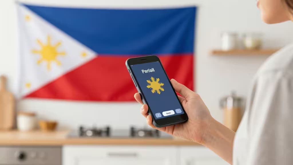 Uma pessoa segura um smartphone exibindo um app de transferência de dinheiro, com a bandeira das Filipinas ao fundo.