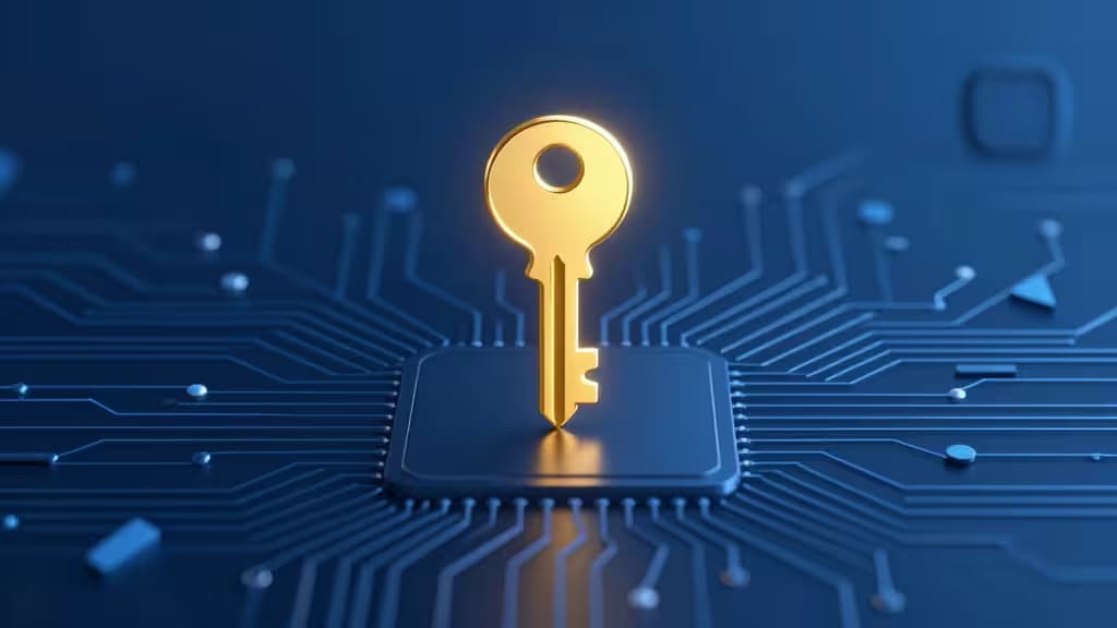 Golden key stands upright on a glowing circuit board, symbolizing secure digital access recovery.