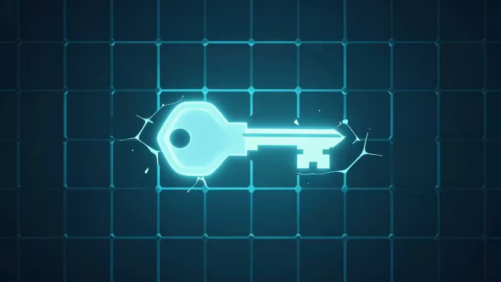 Glowing cyan key icon on dark grid background, symbolizing secure access.