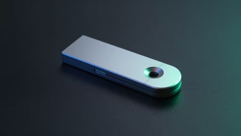 Een minimalistische hardware security key op een donkere ondergrond met subtiele blauwe en groene lichtreflecties.