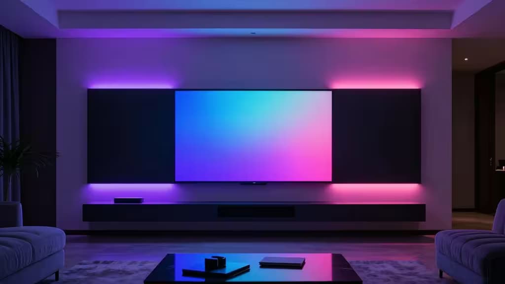 A flat-screen TV glows with vibrant purple and blue LED backlighting against a dark wall.