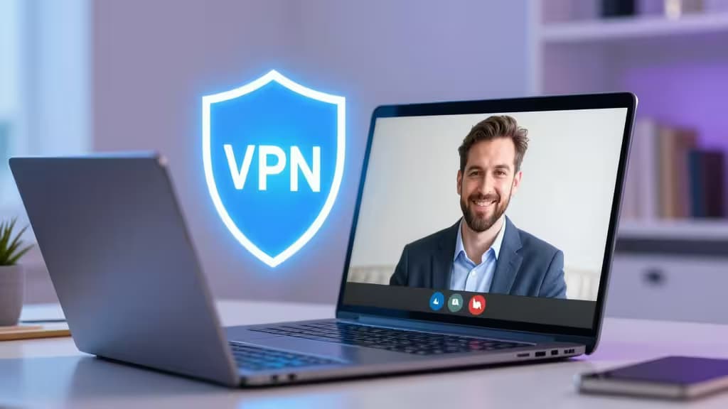 Ноутбук с видеозвонком в Zoom и иконкой VPN-щита, символизирующей безопасную видеоконференцию