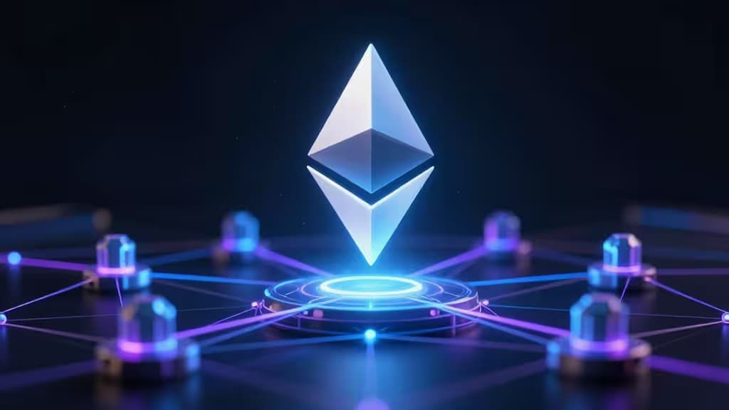 Glowing Ethereum logo hovers above interconnected validator nodes on a dark, futuristic platform.