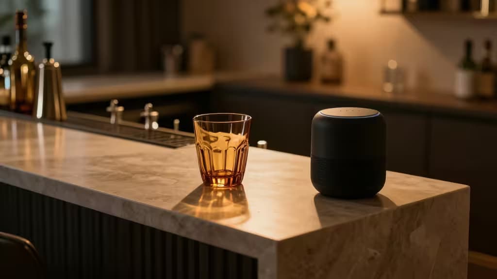 Amber glass and black smart speaker rest on marble bar under warm, moody lighting.
