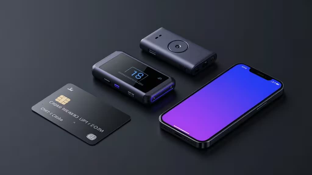 Hardware wallet, smartphone, and crypto card arranged on dark surface for Solana wallet guide.