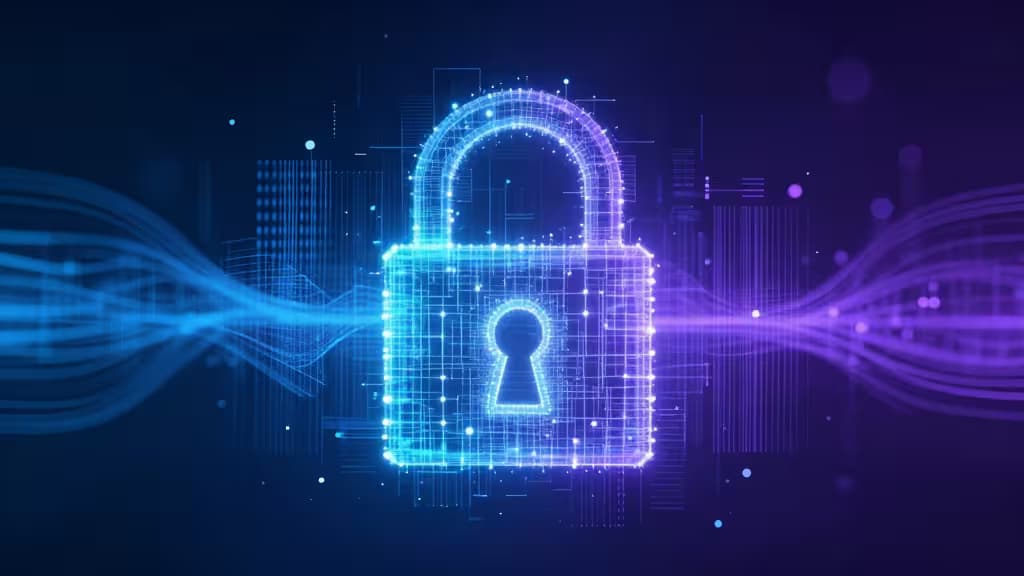 Digital padlock composed of glowing blue and purple circuit lines symbolizes post-quantum encryption protecting data from future quantum computer attacks.