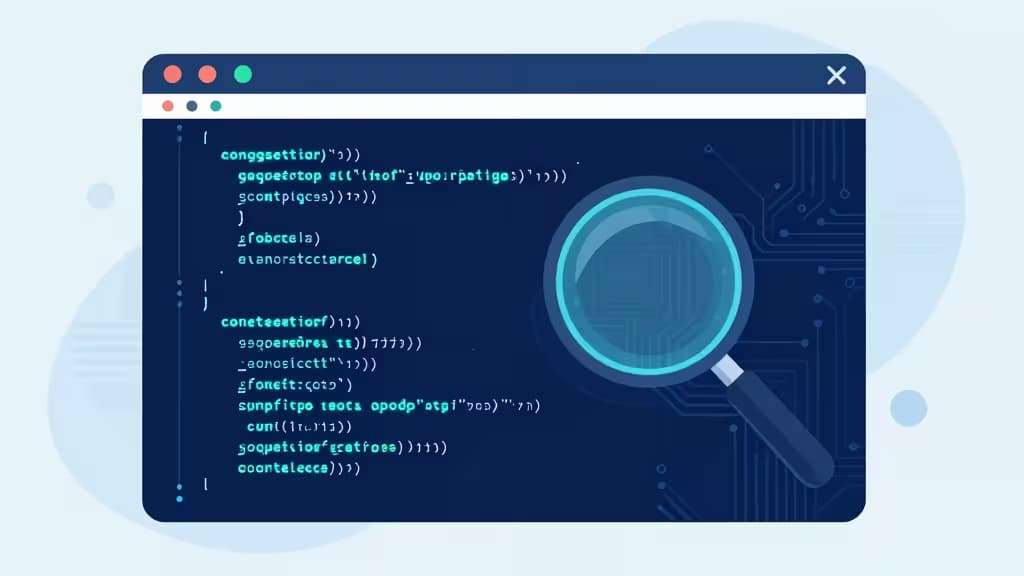 A magnifying glass hovers over glowing code lines inside a dark terminal window, symbolizing AI-powered code review tools for engineering teams.