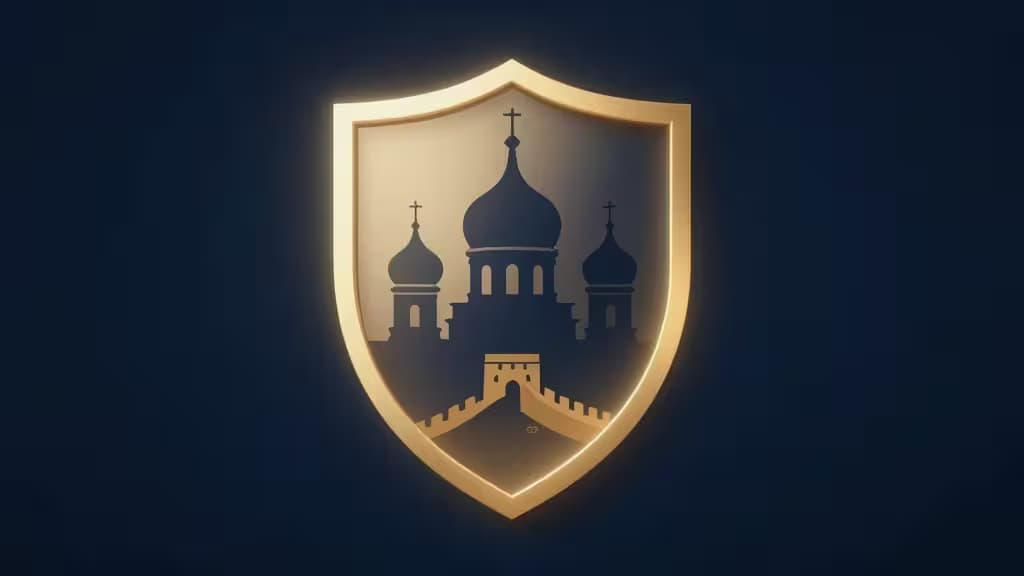 Goldener Schild mit Silhouetten einer russischen Kathedrale und der chinesischen Mauer vor dunkelblauem Hintergrund.