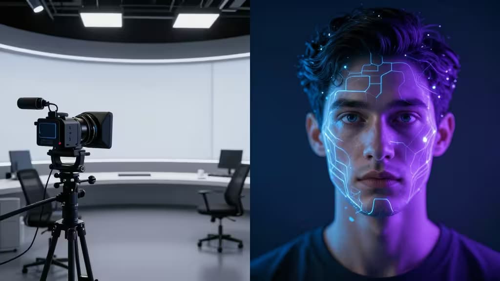 Set cinematografico da studio professionale accanto a un volto umano con circuiti luminosi AI, a simboleggiare la tecnologia avanzata di generazione video.