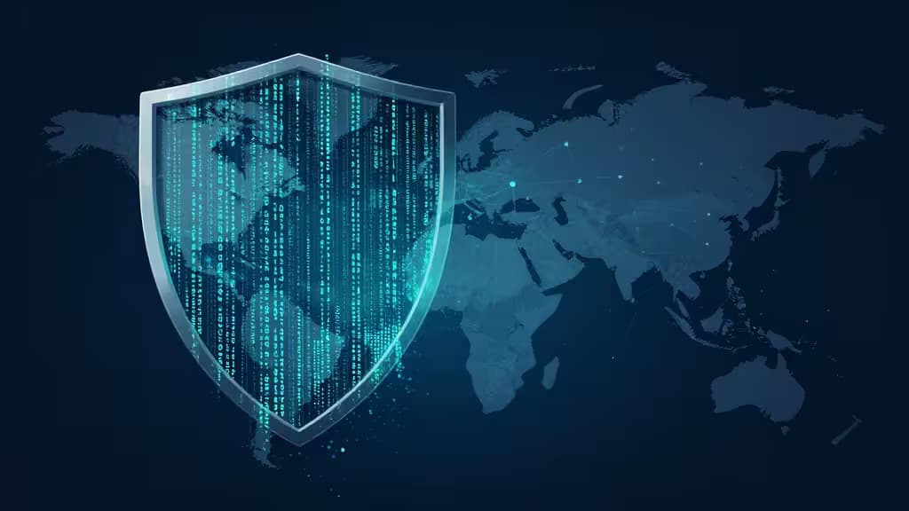 Cyfrowa tarcza z kodem binarnym na tle mapy świata, symbolizująca bezpieczne połączenia VPN omijające rosyjską cenzurę w 2026 roku.