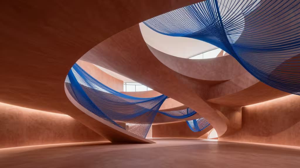 Curved terracotta walls frame blue parametric mesh canopies in a luminous, fluid architectural space.