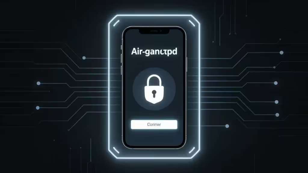 Um smartphone com um ícone de cadeado e a indicação "Air-gapped" dentro de uma barreira luminosa com padrões de circuito, simbolizando autenticação segura e offline.