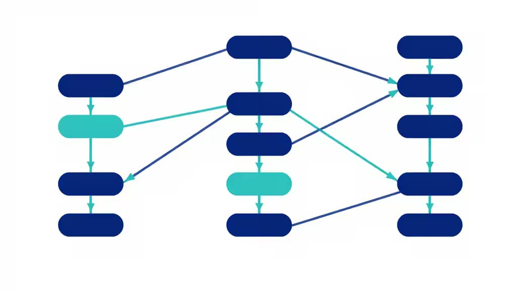 Abstract illustration of distributed tracing and observability pipelines with interconnected nodes and data flow lines in blue and teal, representing microservices telemetry architecture.
