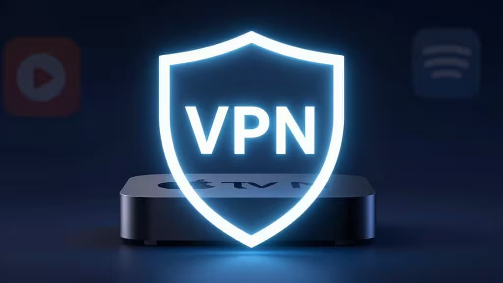 Świecący niebieski symbol VPN unosi się nad eleganckim urządzeniem Apple TV, symbolizując bezpieczną ochronę streamingu.
