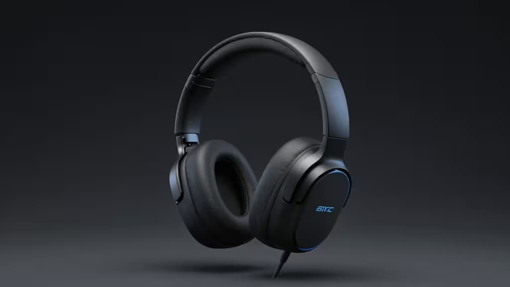 Cuffia gaming over-ear nera con accenti LED blu, sospesa su sfondo scuro a gradiente.
