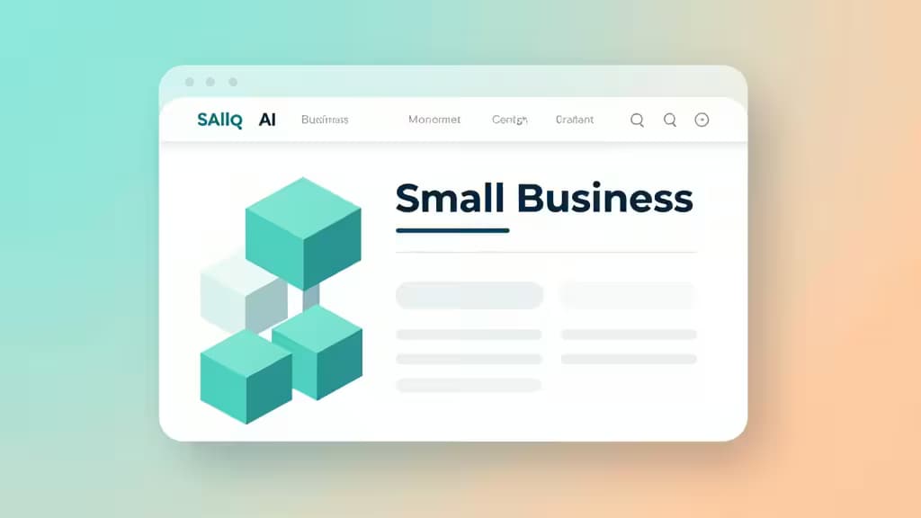 Teal geometric cubes assemble into a web page layout on a browser window labeled "Small Business" against a gradient background.
