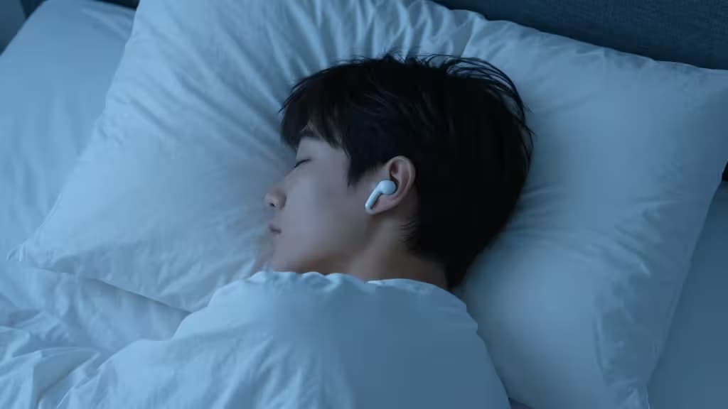 A person sleeps soundly on a white pillow, wearing a white wireless earbud for comfortable side-sleeping and noise isolation.