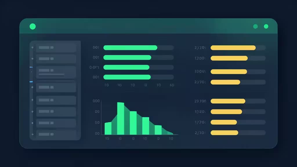 Dunkles Teal-Farbendes Dashboard-Fenster zeigt grüne und gelbe horizontale Balken, ein Balkendiagramm und Statusindikatoren auf tiefblauem Hintergrund.