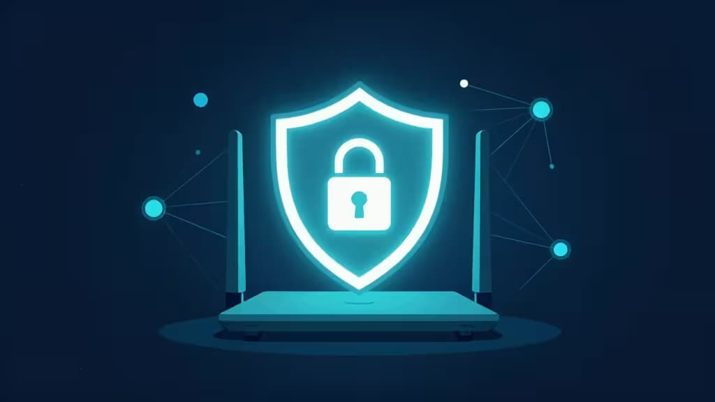 Escudo brillante con candado flotando sobre un router, simbolizando la protección segura de la red doméstica mediante VPN.