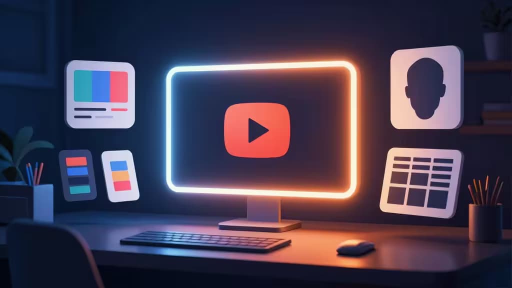 Glowing YouTube monitor surrounded by floating design interface icons on a sleek creator desk.