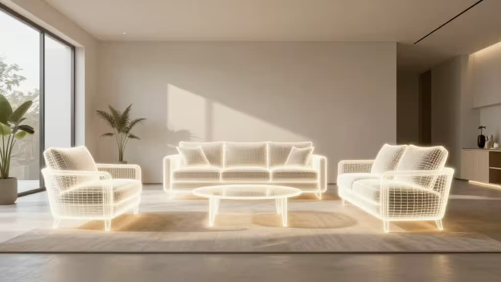 A modern minimalist interior room being digitally staged with glowing wireframe furniture overlays, warm natural light streaming through windows, representing AI-powered virtual staging for real estate.