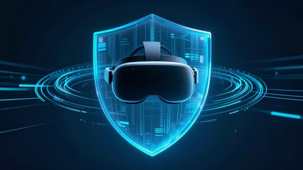 Apple Vision Pro headset floats inside a glowing blue shield, symbolizing secure VPN protection in a futuristic digital environment.