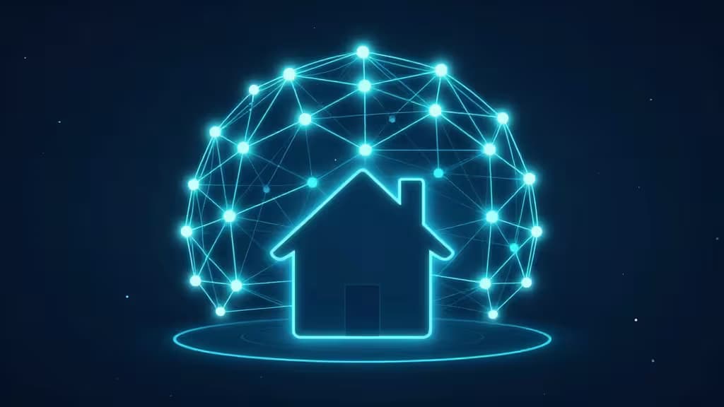 A glowing blue house icon sits beneath a luminous, interconnected mesh network dome, symbolizing secure home Wi-Fi with built-in VPN protection.