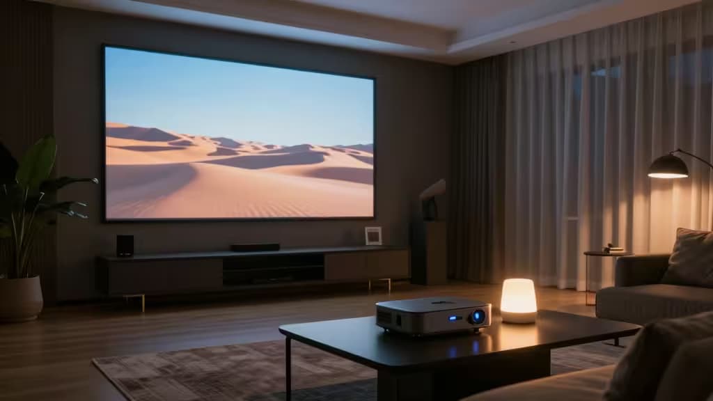 Un proyector elegante sobre una mesa oscura proyecta una escena del desierto en una pantalla grande, en una sala de estar con iluminación tenue.