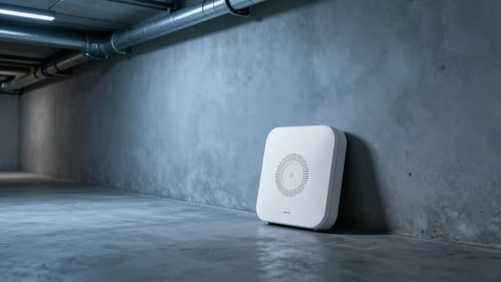 White plastic sensor rests on polished concrete floor against gray wall, beneath exposed metal pipes in modern basement.