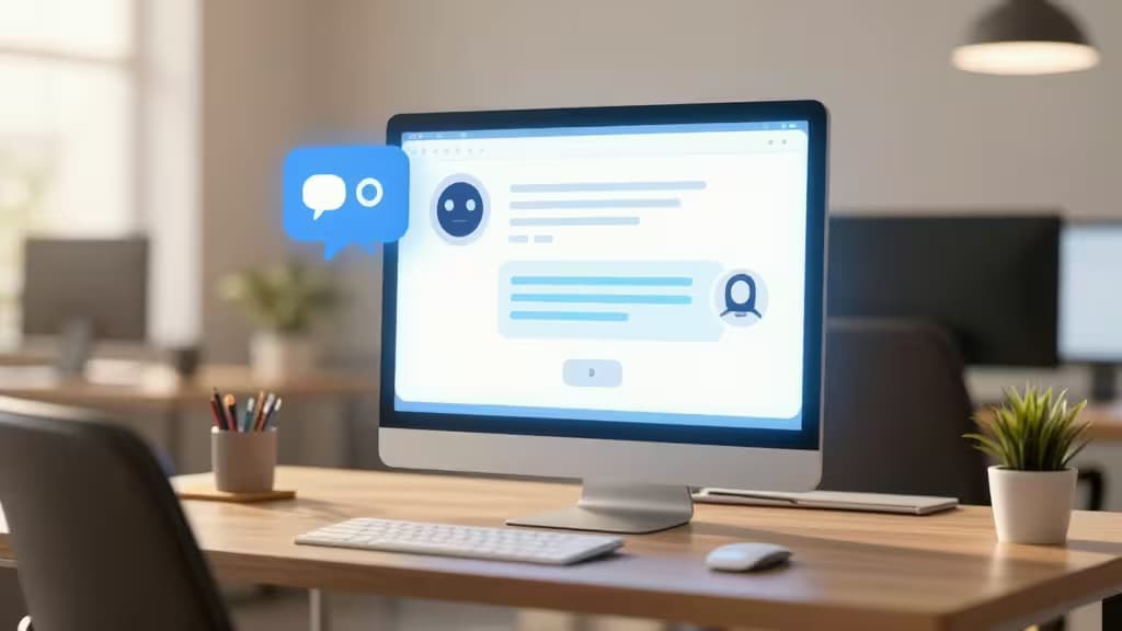 Un monitor de escritorio elegante muestra una interfaz de chatbot con IA, flanqueado por un teclado y una planta de oficina.