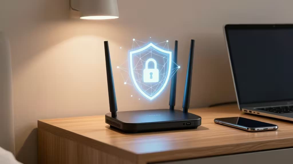 Router da viaggio nero con tre antenne posizionato su una scrivania di legno accanto a un laptop e uno smartphone, con icona a scudo blu luminoso che simboleggia Wi-Fi protetto da VPN.