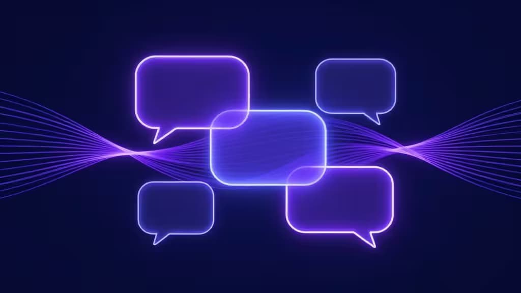 Glowing purple chat bubbles float against a dark background, symbolizing AI-driven customer support conversations.