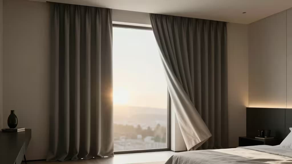 Szare motorized blackout curtains part at sunrise, revealing a sunlit cityscape in a modern bedroom.